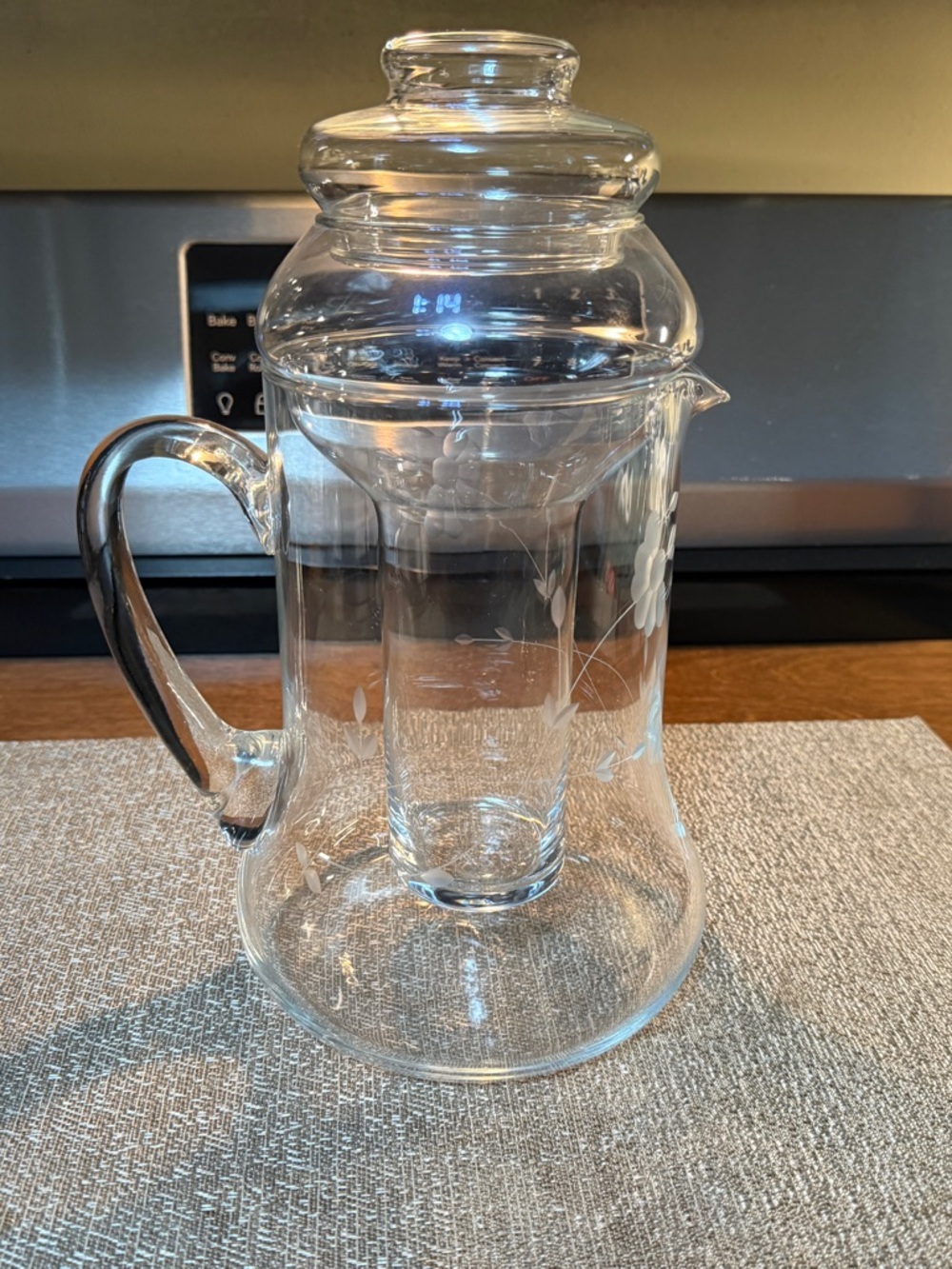 Princess House Clear Glass Infuser Pitcher with Floral Etching